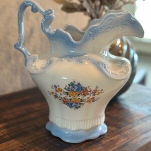 Floral Blue and White Ceramic Pitcher